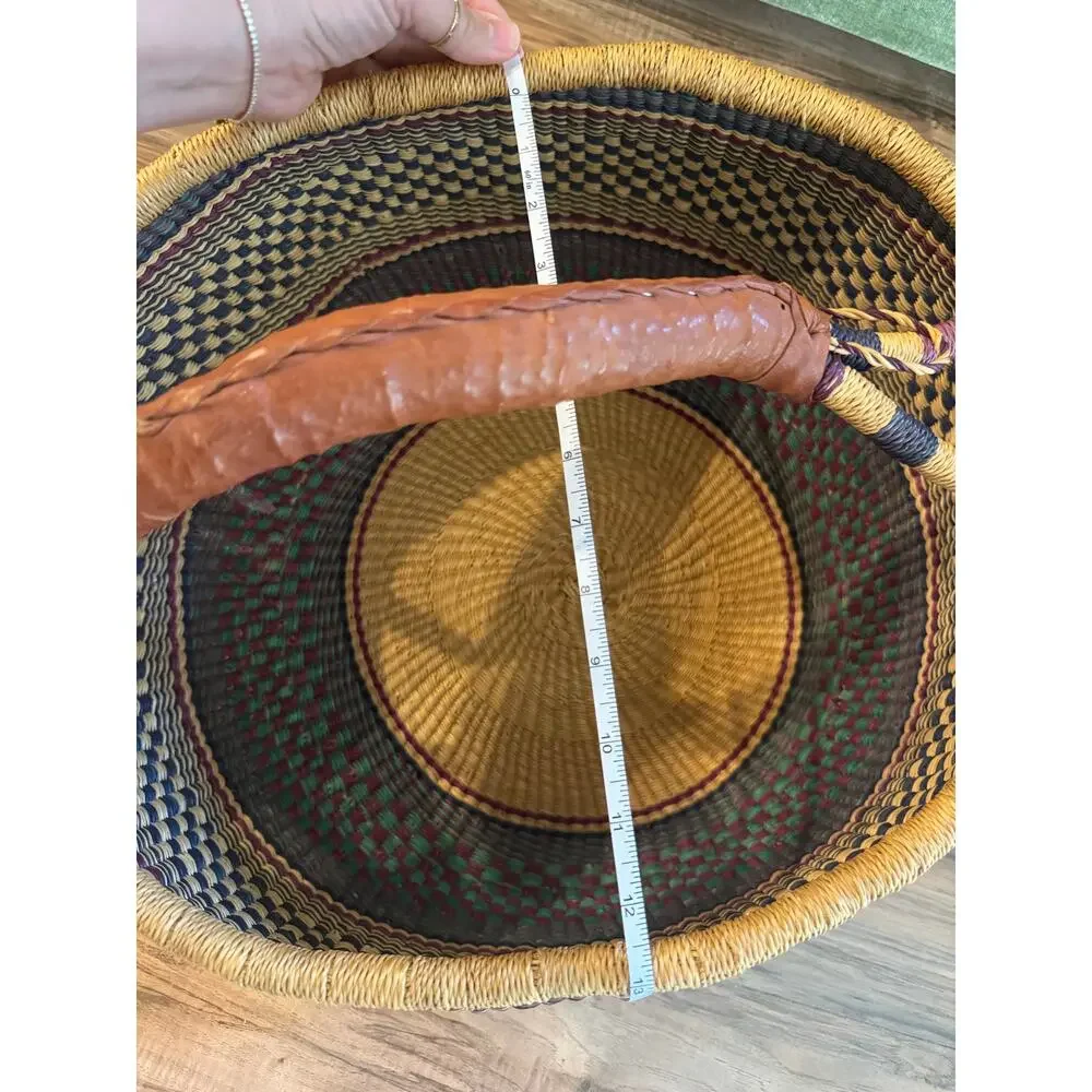 Bolga basket LARGE Hand Woven Natural African Market Leather Handle Reshapeable
